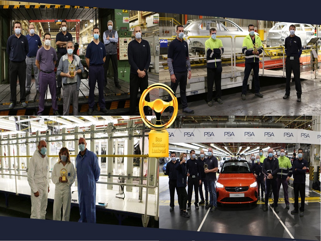 Imagen de La planta de Zaragoza recibe un visitante ilustre: el volante de oro logrado por el Opel Corsa-e